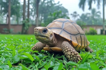 Obraz premium Close-Up of a Curious Tortoise on Lush Green Grass in a Natural Setting Surrounded by Trees and Soft Light, Perfect for Nature and Wildlife Themes