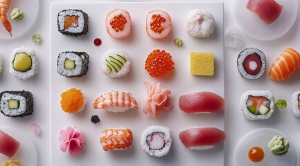 Assorted sushi pieces arranged on a white surface.