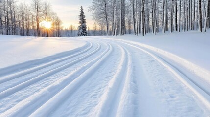 Obraz premium Scenic winter cross-country ski trails at sunrise