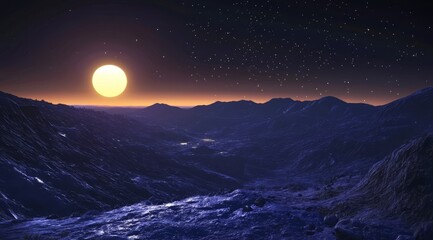 Sunset over a dark, mountainous landscape with stars.