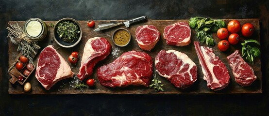 Fototapeta premium Raw Beef Steaks for Grilling Preparation with Seasoning and Butcher Utensils on Rustic Table