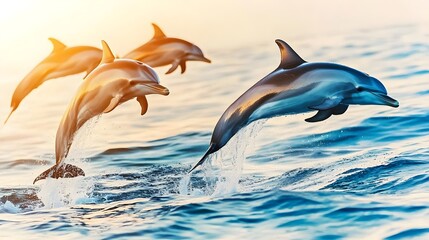 Fototapeta premium dolphins leaping ocean sunset wildlife - wildlife photography