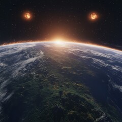Fototapeta premium Sunrise over Earth with two fiery planets in the dark sky.