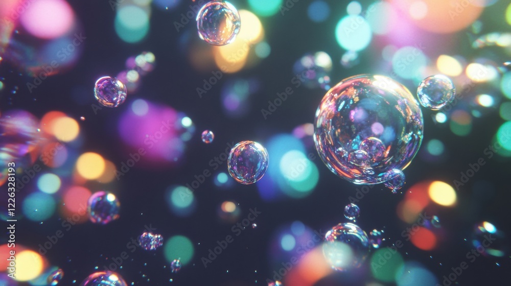 Poster bubbles of various sizes and colors hover in a dark environment, reflecting and refracting light to 