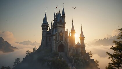 Majestic Castle Sunrise Fantasy Art Landscape Wallpaper