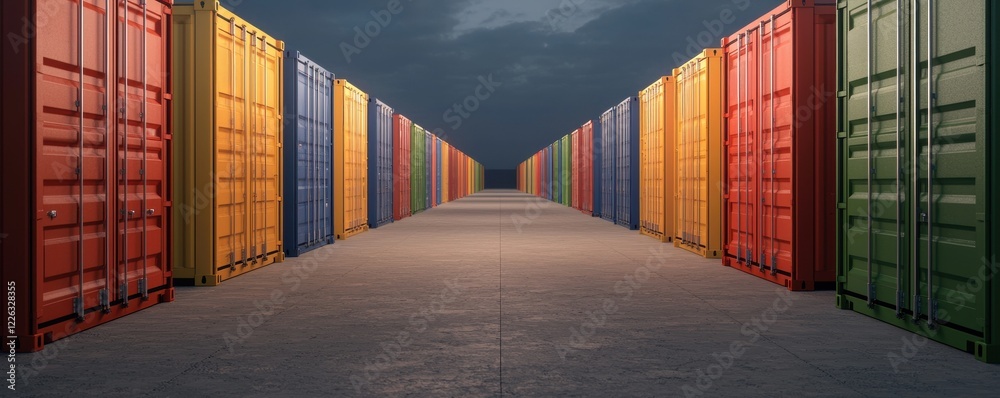 Poster a row of colorful shipping containers stretches into the distance under a dramatic sky, creating a s