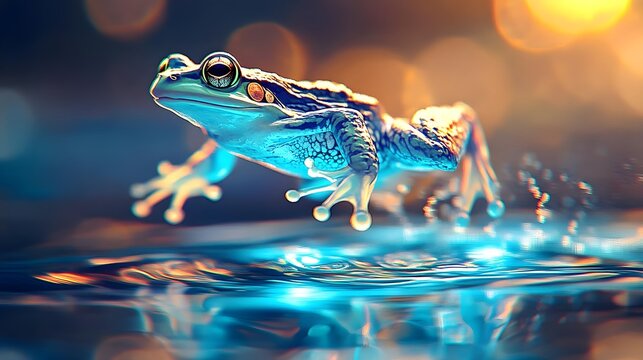 vibrant frog leap, water splash, nature - surrealism