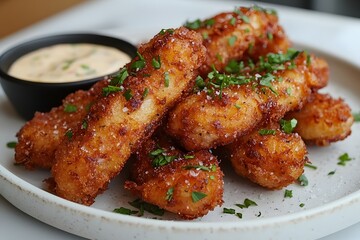 Fototapeta premium Golden brown fried calamari rings served with tartar sauce, styled on a clean white plate