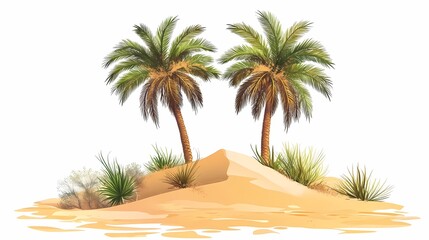Tropical Oasis with Palm Trees and Sand Dunes Illustration