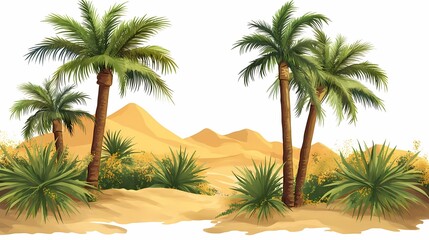 Lush Palm Trees Surrounded by Desert Dunes and Green Vegetation