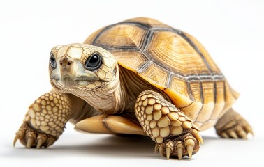 Naklejka premium Close-up of a Tortoise on White Background, Capturing Unique Texture and Pattern of Shell, and Expressive Features of Calm Reptile, Perfect for Nature Themes