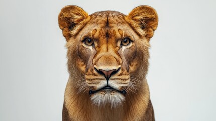 Close-up portrait of a lioness against a white background.