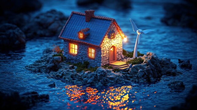 A futuristic building powered by solar panels and wind turbines, embodying innovation in renewable energy to achieve net zero emissions and a sustainable world