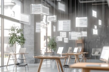Fototapeta premium Coworking area utilizes holographic AI for generating document templates.