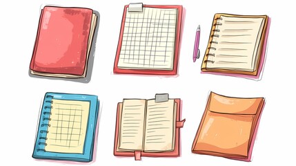 Colorful Sketches of Notebooks, Diaries, and Stationery Supplies