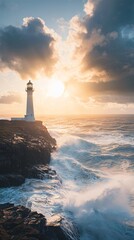 Fototapeta premium Dramatic Lighthouse at Sunset Coastal Landscape Photography Ocean View Nature's Beauty and Power