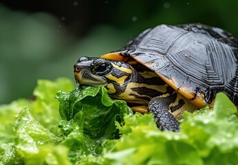 Fototapeta premium Close-Up of a Vibrant Turtle Eating Fresh Green Lettuce with Water Droplets on Its Shell in a Nature-Inspired Background