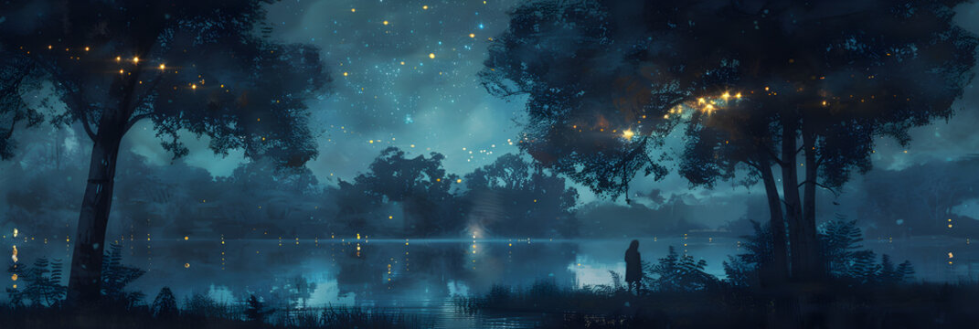 Twilight Serenade: Reflective Lake under a Starlit Sky with Fireflies
