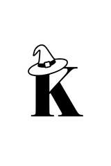 Letter K with Witch Hat Silhouette, Black silhouette of the letter K wearing a witch's hat, symbolizing Halloween, magic, and spooky themes on a white background.  
  
