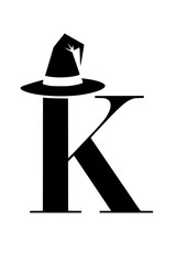 Letter K with Witch Hat Silhouette, Black silhouette of the letter K wearing a witch's hat, symbolizing Halloween, magic, and spooky themes on a white background.  
  
