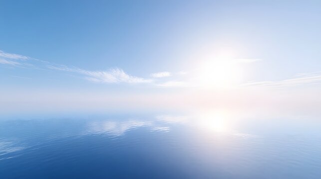 A clear, bright morning sky over a calm, reflective lake with no clouds in sight