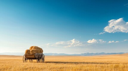 Serene Horse-Drawn Wagon with Hay Bales Open Field Landscape Photography Calm Environment Wide Angle View