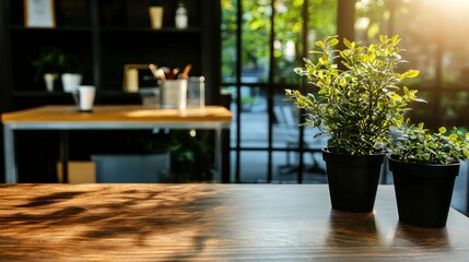 Fototapeta premium Modern Office Desk Plants Sunlight Workspace Interior Design