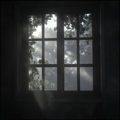 Sunlight streams through an old window overgrown with vines.