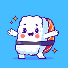 Cheerful sushi roll wearing black belt, sparkling joyfully, vector illustration.
