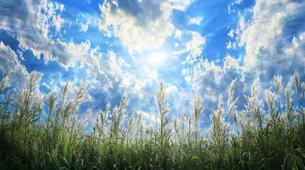 Obraz premium Sunny Day in a Field of Tall Grass Under a Partly Cloudy Sky
