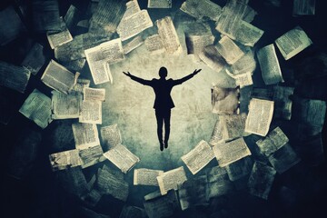 Silhouette of a man surrounded by floating papers, vintage texture. Illustrates overcoming information overload or finding inspiration in knowledge.