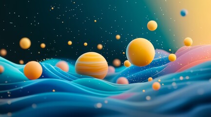 Fototapeta premium Abstract colorful spheres floating on wavy surface.