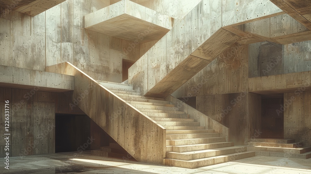 Poster abstract brutalist concrete structure with bold angular forms and stairs