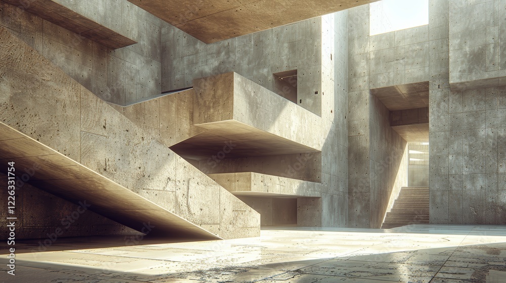 Poster brutalist concrete structure with bold angular forms and light play
