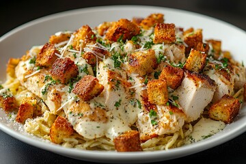 Classic chicken Caesar salad topped with croutons, Parmesan cheese, and creamy dressing, styled on a white ceramic plate