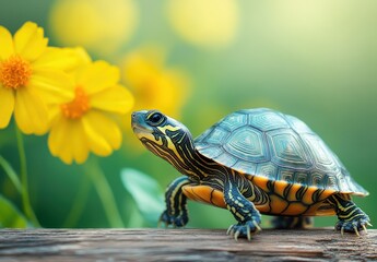 Close-Up Photo of a Beautiful Turtle Walking on a Log Near Vibrant Yellow Flowers in a Natural Green Environment