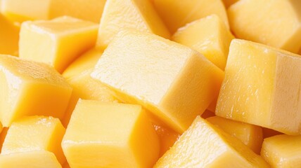 A vibrant close-up of cubed yellow cheese, showcasing its smooth texture and rich color, perfect for snacks, recipes, or cheese platters.