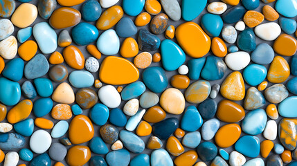 Colorful vibrant pebbles stone pattern texture in turquoise blue orange and white smooth seascape background abstract