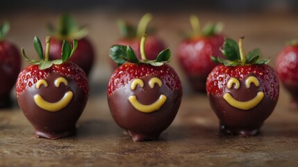 Delightful chocolate-covered strawberries with smiley faces kitchen food art cheerful setting close-up cute treats