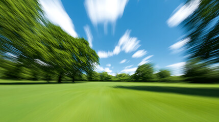 Motion blur green golf course and blue sky on bright summer day with white clouds