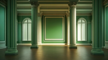 Fototapeta premium Elegant green interior with columns and a stage, suitable for events or presentations.