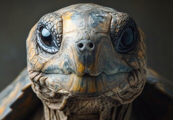 Fototapeta premium Close-Up Portrait of a Smiling Tortoise with Detailed Shell and Expressive Eyes Under Soft Lighting in a Neutral Background