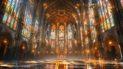 Naklejka premium Grand Gothic Cathedral Interior with Soaring Arches and Stained Glass