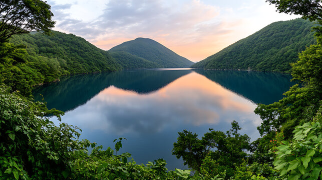 Tranquil mountain lake reflection amidst green forest trees creates serene wilderness landscape in misty dawn light - Powered by Adobe