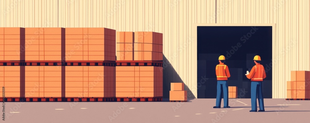 Poster Two workers in safety helmets stand near stacked pallets in front of a warehouse, discussing operations and logistics.