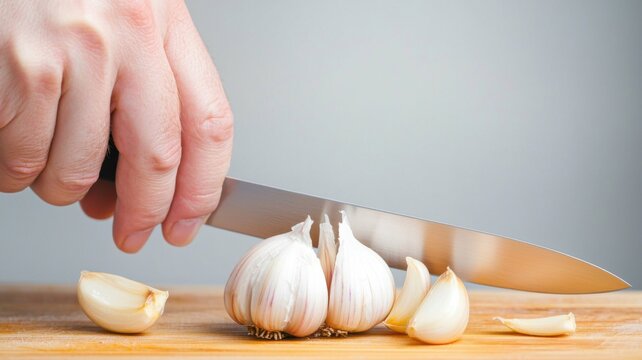A hand slices fresh garlic cloves on a wooden cutting board, emphasizing the preparation of ingredients for cooking.