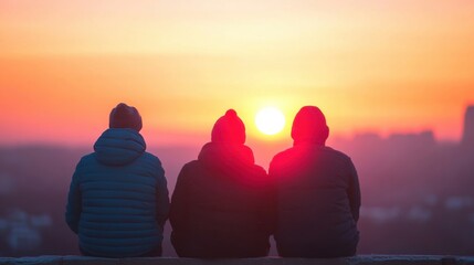 Three friends sit together, watching a beautiful sunset over the city skyline, enveloped in warm colors as the day transitions to night