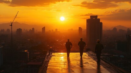 Fototapeta premium Three construction workers silhouetted against a vibrant sunset over a cityscape.