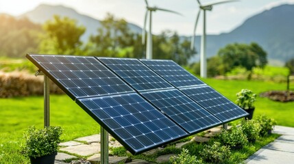 A close-up of solar panels and wind turbines working together, symbolizing the significant impact of renewable energy resources in reducing global carbon emissions