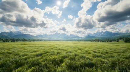 Obraz premium Vast Green Field and Distant Mountains Under a Sunny Sky